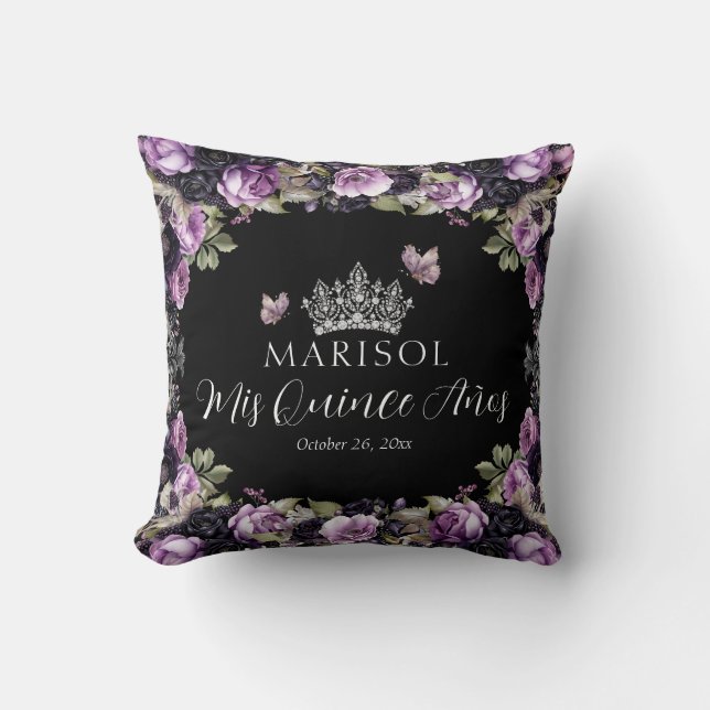 Gothic Purple & Black Moody Florals Quinceañera Throw Pillow (Front)