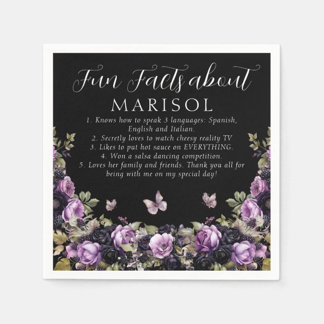 Gothic Purple & Black Moody Quinceañera Fun Fact Napkins (Front)