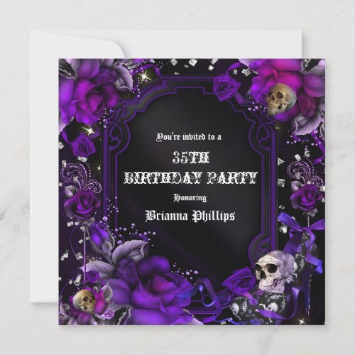 Gothic Purple Black Roses Skulls Bling Invitation