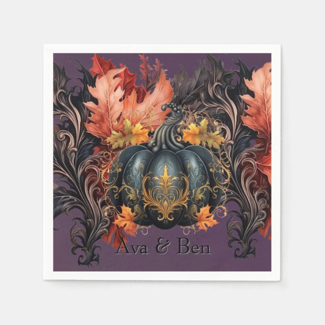 Gothic Purple Fairytale Pumpkin Fall Wedding Napkins (Front)