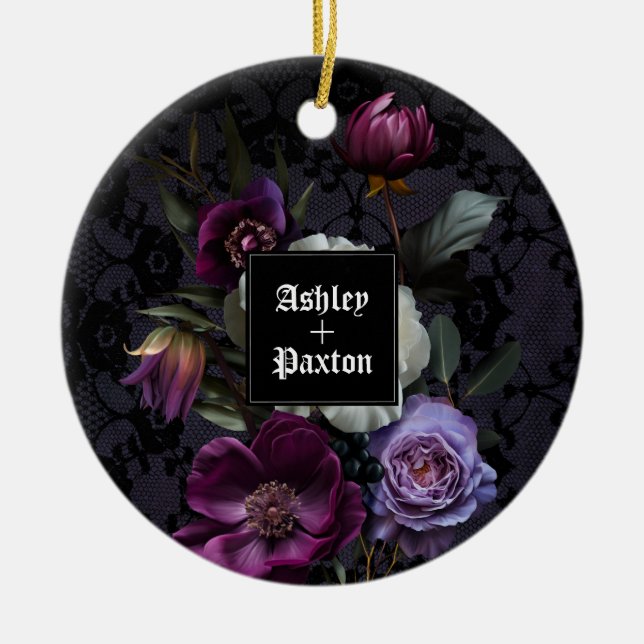 Gothic Purple Floral Bouquet on Lace with Ravens Ceramic Ornament (Front)