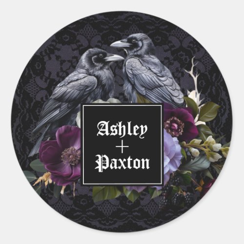 Gothic Purple Floral Bouquet on Lace with Ravens Classic Round Sticker