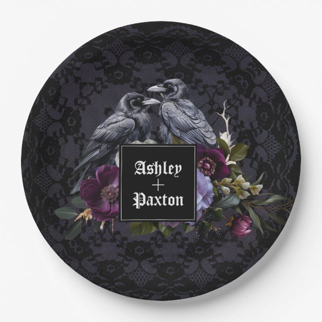 Gothic Purple Floral Bouquet on Lace with Ravens Paper Plates (Front)