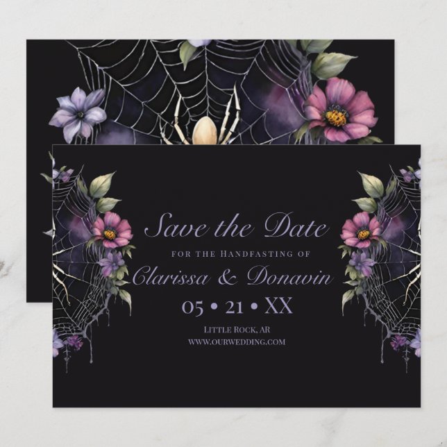 Gothic Purple Floral Spider Web Handfasting Save The Date (Front/Back)