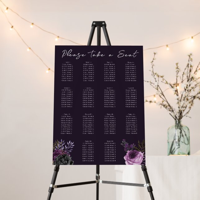 Gothic Purple Floral Wedding 14 Seating Chart Foam Board (In Situ (Stand))