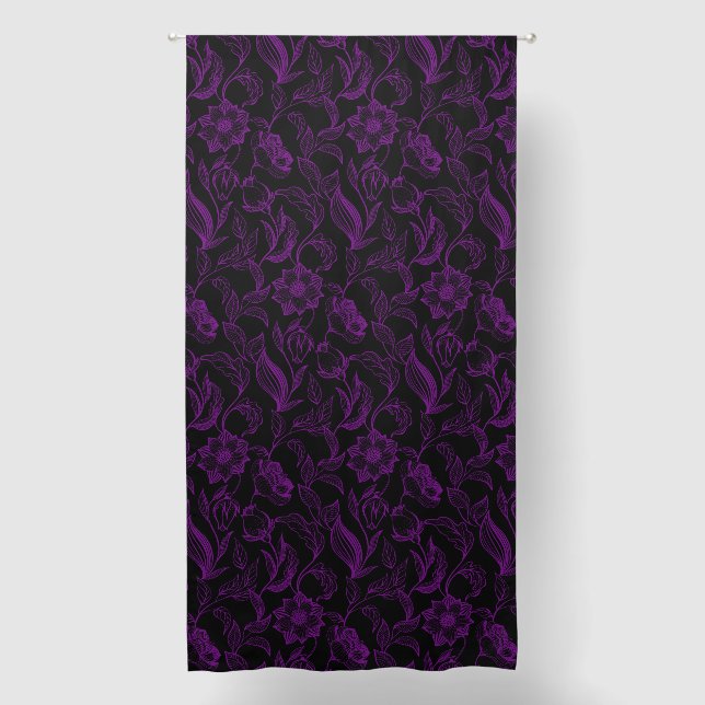 Gothic Purple Flowers On Black Blackout Curtains (Front)