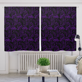 Gothic Purple Flowers On Black Blackout Curtains