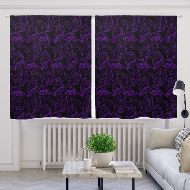 Gothic Purple Flowers On Black Blackout Curtains (Living Room)