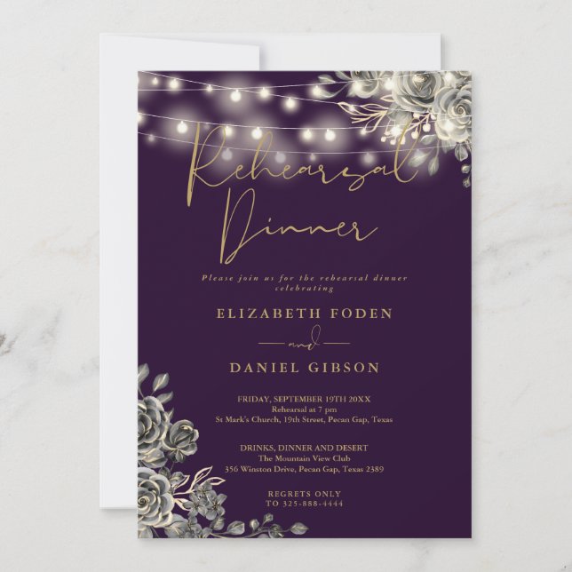 Gothic Purple Gold Floral Lights Rehearsal Dinner Invitation (Front)