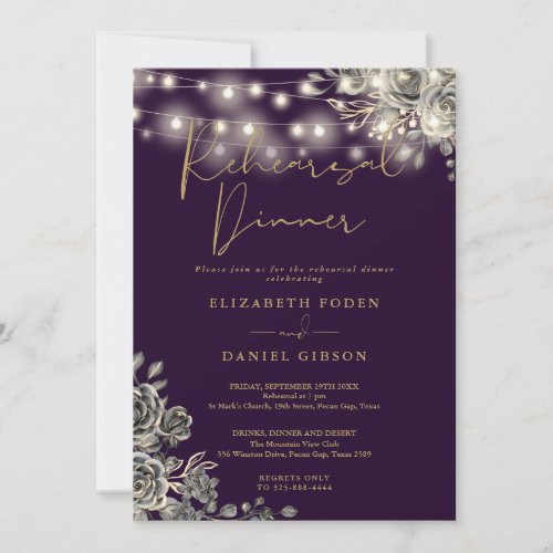 Gothic Purple Gold Floral Lights Rehearsal Dinner Invitation