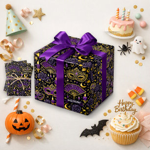 Gothic Purple Gold Masquerade Spooky Birthday Wrapping Paper Sheets