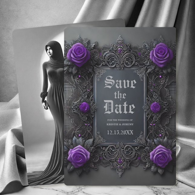 Gothic Purple Gray Floral Photo Save the Date (Gothic Purple Roses on dark gray with a Back Photo Save the Date Announcement.)