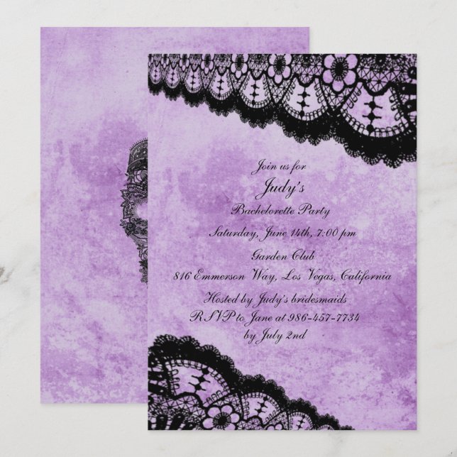 Gothic Purple Grunge Black Lace Bachelorette Party Invitation (Front/Back)