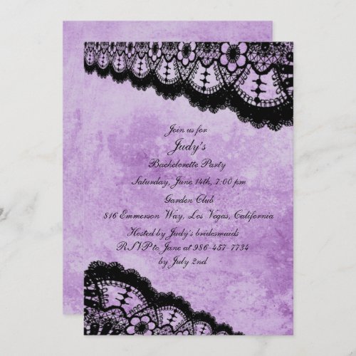 Gothic Purple Grunge Black Lace Bachelorette Party Invitation