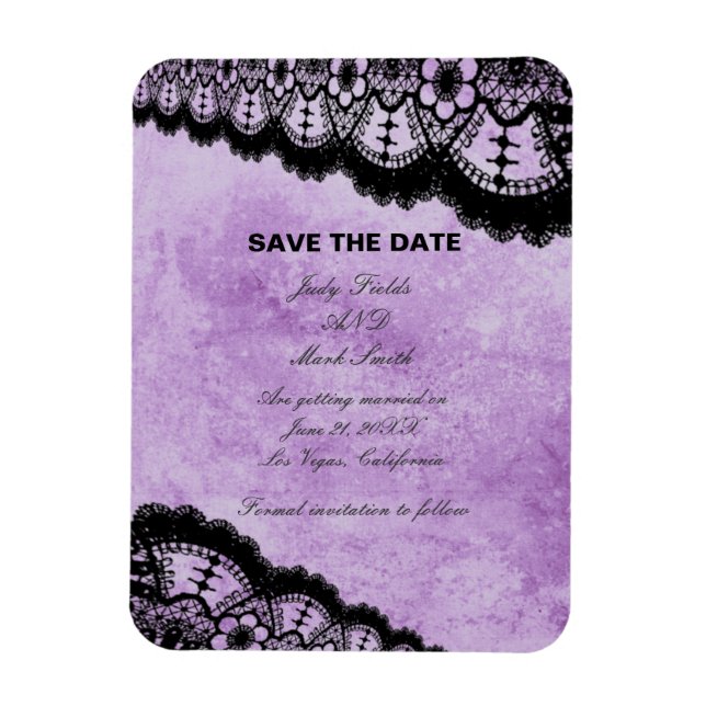 Gothic Purple Grunge Black Lace Save The Date Magnet (Vertical)