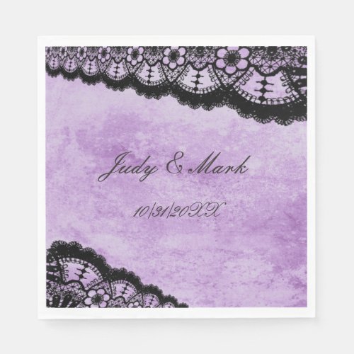 Gothic Purple Grunge Black Lace Wedding Paper Napkins