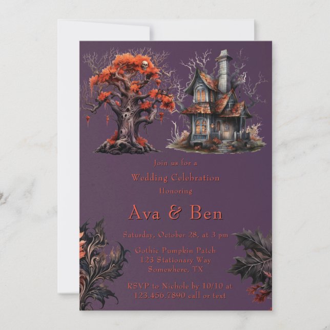 Gothic Purple Haunted House Wedding Invitation (Front)