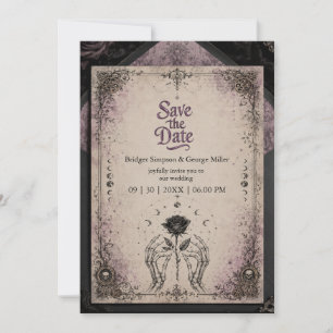 Gothic Purple Medieval Rose Skull Moon Wedding Invitation