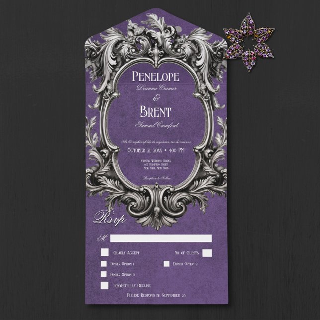Gothic Purple Moody Victorian Frame Dinner All In One Invitation (Gothic Purple Moody Victorian Frame Dinner)