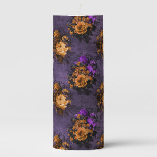 GOTHIC PURPLE & ORANGE HALLOWEEN FLOWERS PILLAR CANDLE