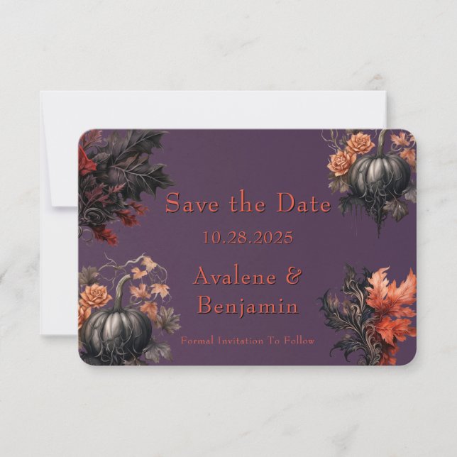 Gothic Purple Pumpkin Floral Save The Date Card (Front)