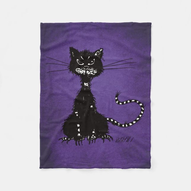 Gothic Purple Ragged Evil Black Cat Fleece Blanket (Front)