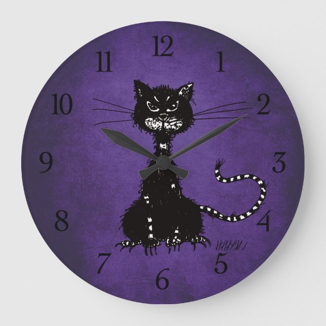 Gothic Purple Ragged Evil Black Cat Large Clock (Front)