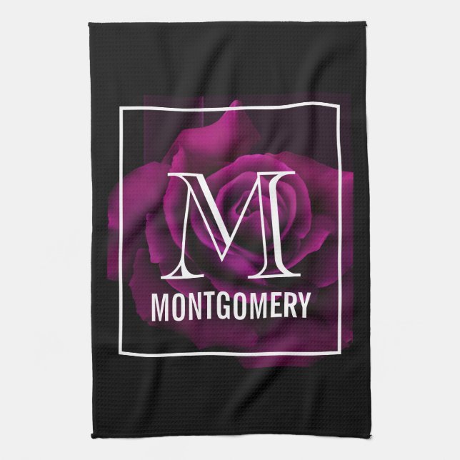 Gothic Purple-Red Rose Flower Monogram Kitchen Towel (Vertical)