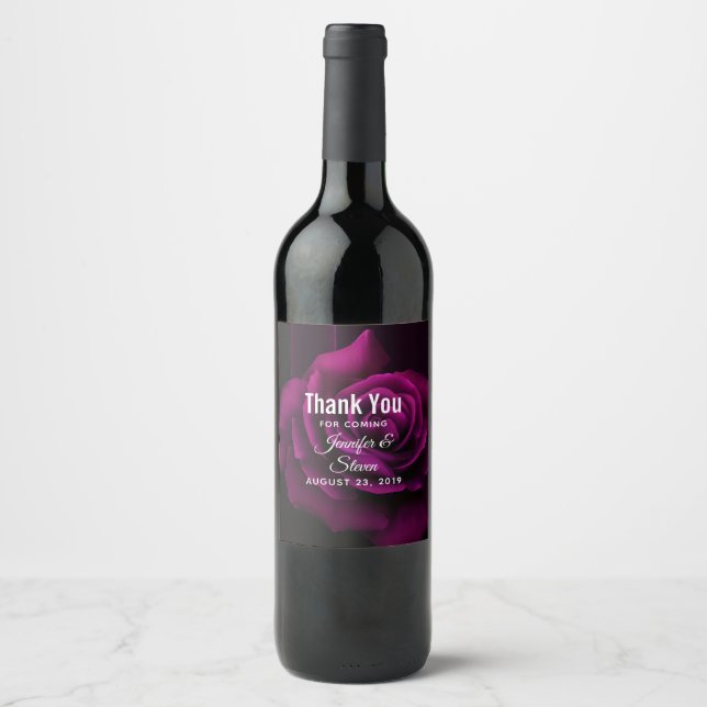 Gothic Purple-Red Rose Flower Wedding Wine Label (Front)