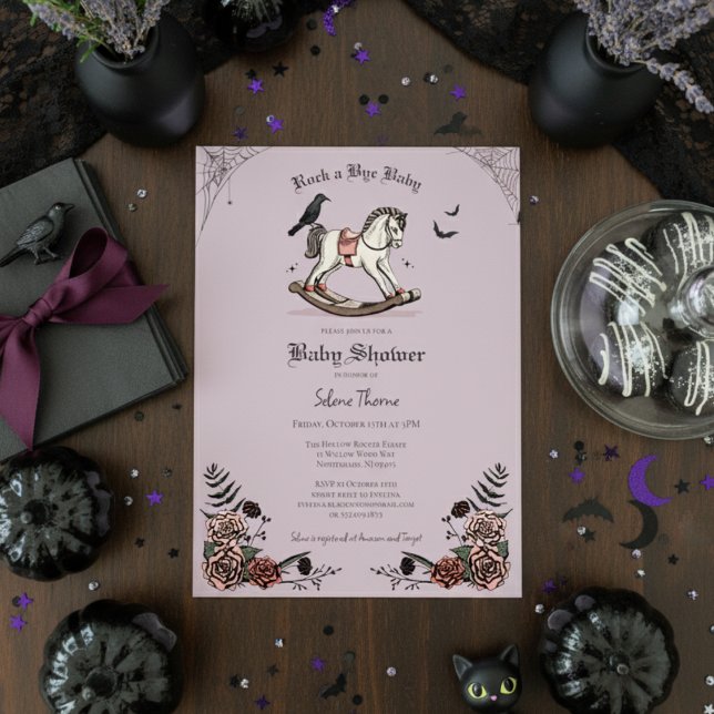 Gothic Purple Rocking Horse Rock a Bye Baby Shower Invitation (Cute Gothic Halloween Baby Shower Invitation. Rocking Horse & Roses Vintage Rock a Bye Baby Shower)