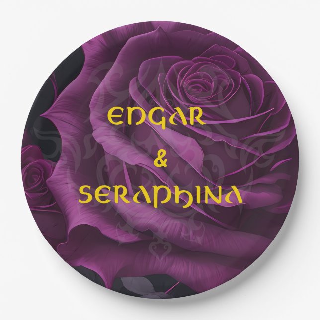 Gothic Purple Rose Black Gold Paper Plates (Front)