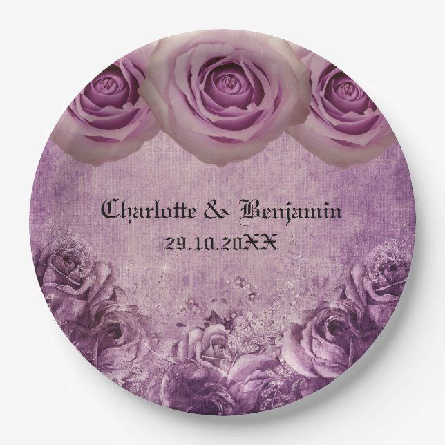 Gothic Purple Rose Wedding  Paper Plates (Front)