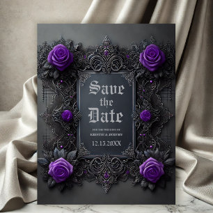 Gothic Purple Roses on Gray Save the Date Announcement Postcard