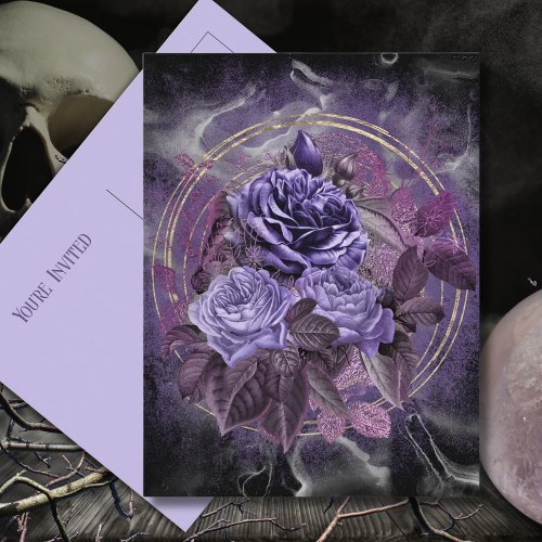 Gothic Purple Roses Youre Invited Postcard