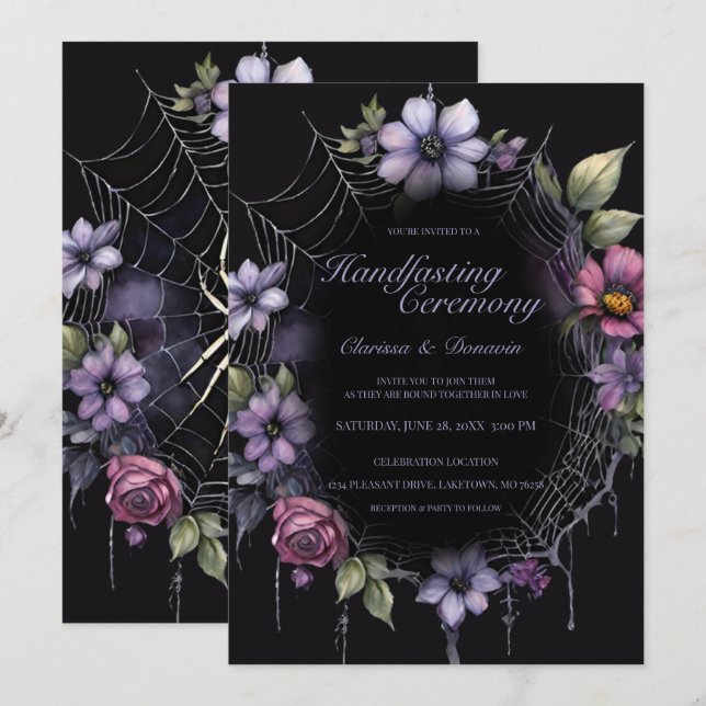 Gothic Purple Spider Floral Web Handfasting Invitation (Front/Back)