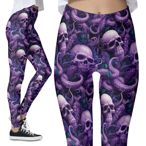 Gothic Purple Tentacles and Skulls Ocean Octopus Leggings