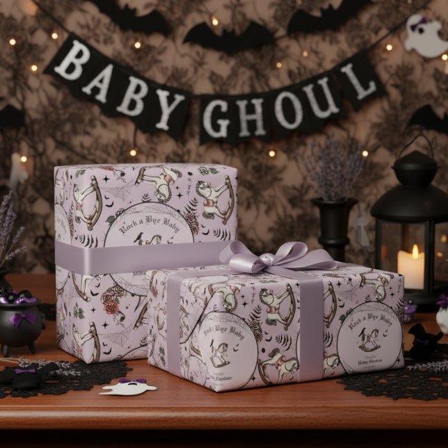 Gothic Purple Victorian Rocking Horse Baby Shower Wrapping Paper (Cute Spooky Gothic Halloween Baby Shower Lilac Wrapping Paper for Baby Girl. Vintage Rocking Horse)