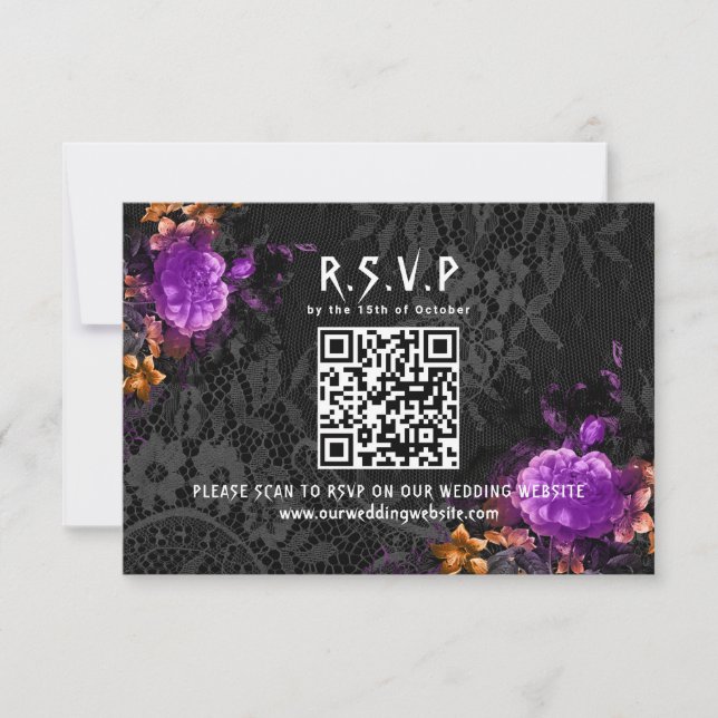 Gothic QR Code Purple Floral Halloween Wedding RSVP Card (Front)