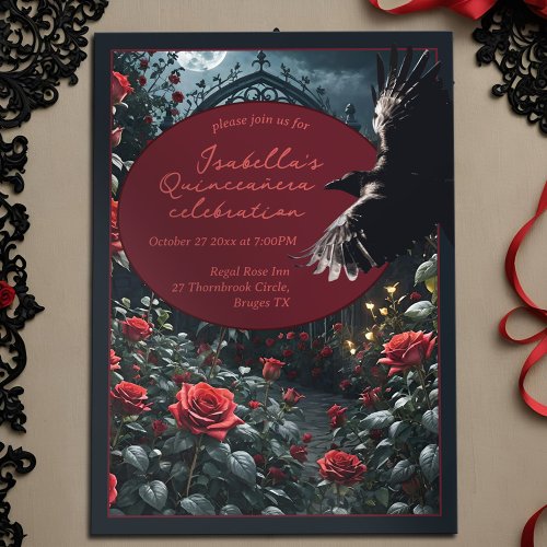 Gothic Quinceanera Dark Red Rose Garden  Raven Invitation