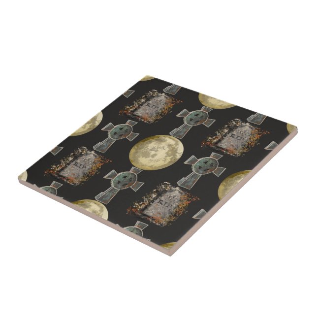Gothic R.I.P. Headstone Celtic Cross Full Moon Art Ceramic Tile (Side)