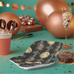 Gothic R.I.P. Headstone Celtic Cross Full Moon Art Paper Plates