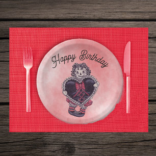 Gothic Rag Doll Black Heart Red bow Birthday Pink Paper Plates