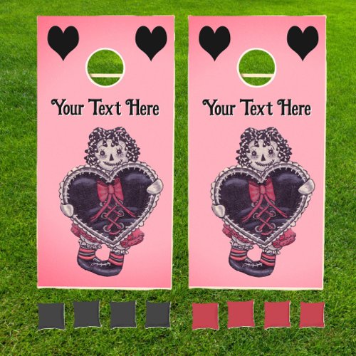 Gothic Rag Doll With Big Black Heart on Pink Red Cornhole Set