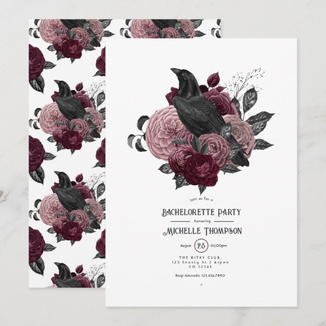 Gothic Raven and Dark Floral Bachelorette Party Invitation (Front/Back)
