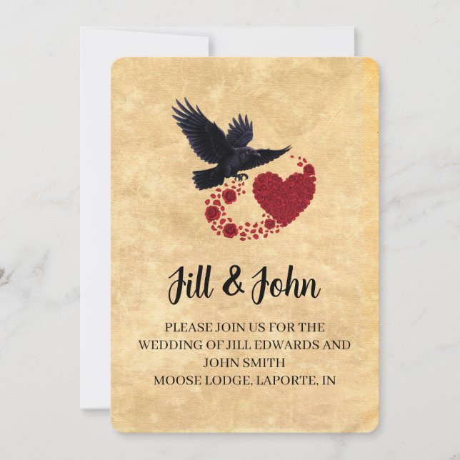 Gothic Raven and Rose Heart Wedding Announcement (Front)