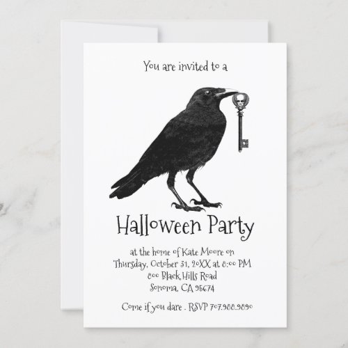 Gothic Raven And Skeleton Key Halloween Party Invitation