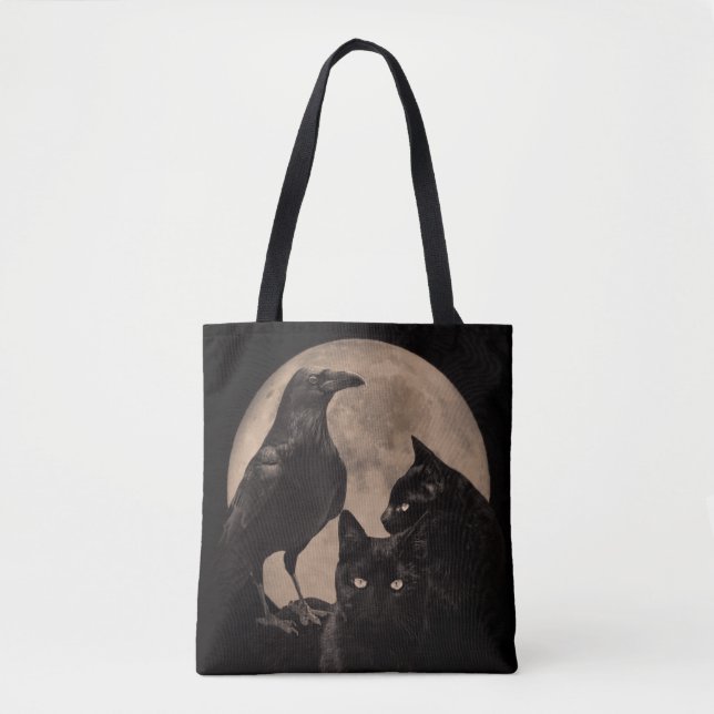 Gothic Raven, Black Cats and Moon Tote Bag (Front)