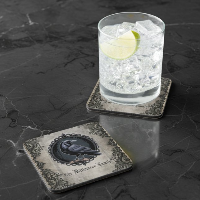 Gothic Raven Black Vintage Beverage Coaster (Gothic raven drink coaster)