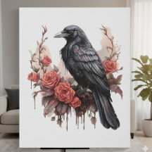 Gothic Raven Canvas – Floral Rose Wall Art