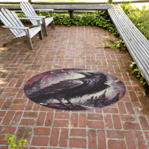 Gothic Raven Crow Bird Painting Black Red Art Outdoor Rug